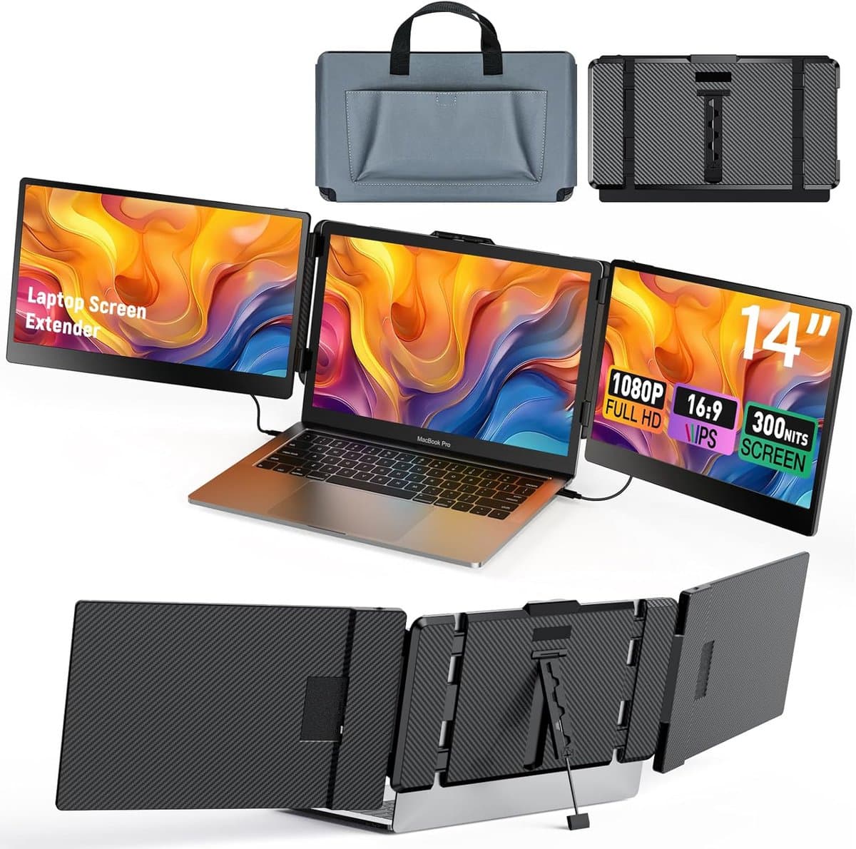 Stemap® Portable Monitor Triple - Full HD - Geschikt Voor 14” / 17,3” Tri-Screen - Laptop Scherm Uitbreider - Inclusief Beschermhoes en Kabels - 2 Jaar Garantie — afbeelding 1