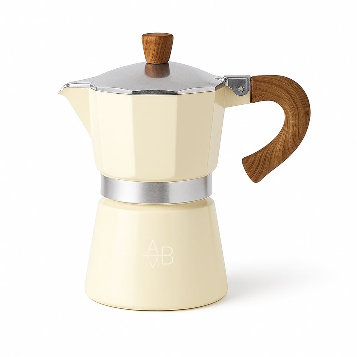 Adore Maison Barista – Moka pot 6 Kops – Beige met Houten Handvat – Traditionele Espressomaker voor Gas & Elektrisch — afbeelding 1