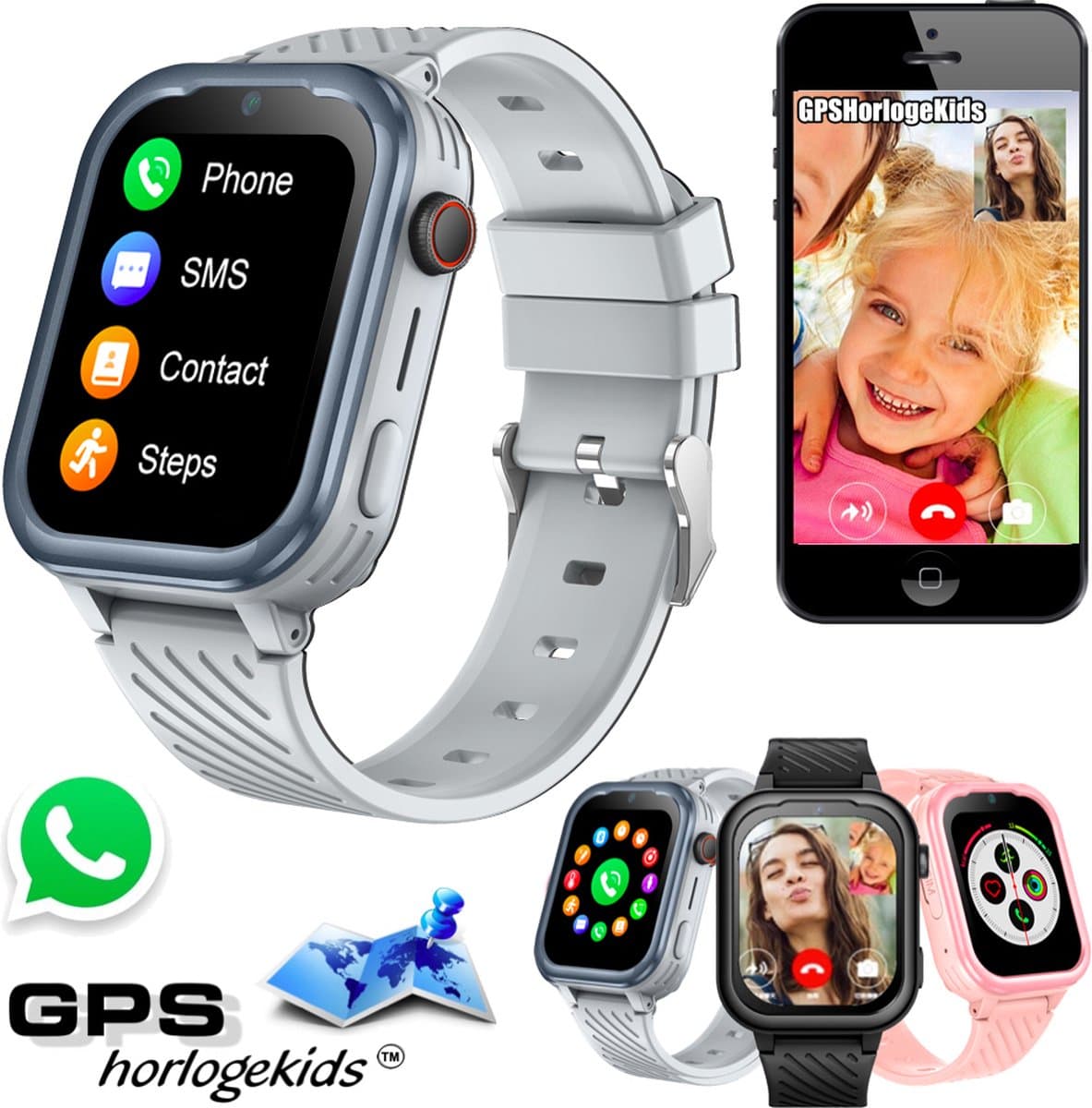 GPSHorlogeKids© - GPS horloge kind - smartwatch kinderen - WhatsApp - 4G videobellen - spatwaterdicht - SOS alarm - SMS - incl SIM - Turn Grijs — afbeelding 1