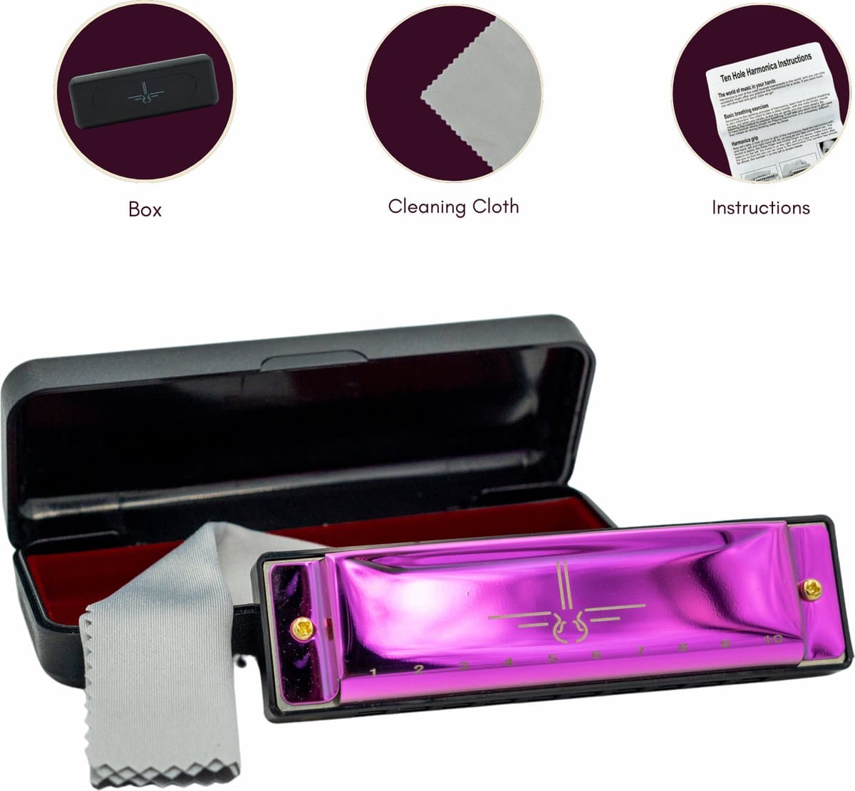 Mondharmonica C voor Volwassenen en Kinderen - Instructieblad - Metallic Purple Blues Harp — afbeelding 1
