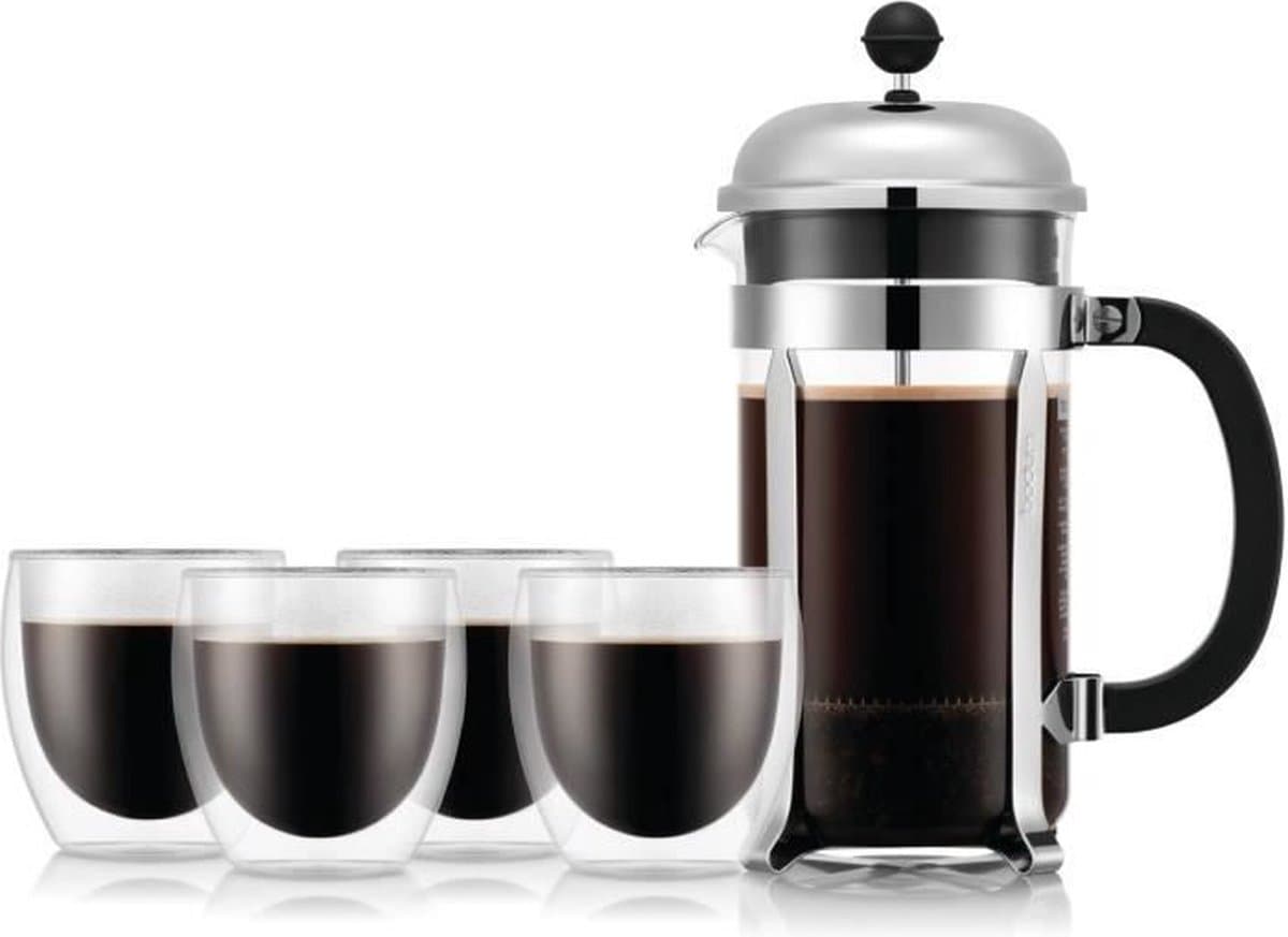French press koffiezetapparaat - BODUM - CHAMBORD SET - 8 kopjes 1,0 l + 4 dubbelwandige PAVINA glazen 25 cl — afbeelding 1