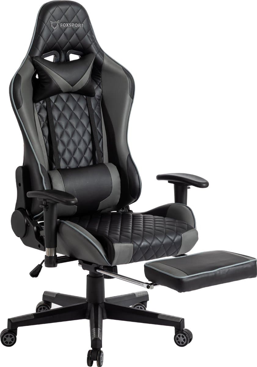 FOXSPORT verstelbare gaming chair - PC-bureaustoel met voetsteun - hoogte en helling verstelbaar - met hoofdsteun en lendensteun - gamingstoel voor kantoor - Zwart en grijs — afbeelding 1