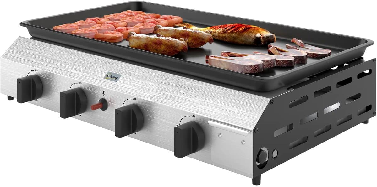 Gasgrill - Gasbarbecue en grill op tafel - 4 roestvrijstalen branders en drukregelaar - 44 x 44,5 x 19 cm, zilver + zwart — afbeelding 1