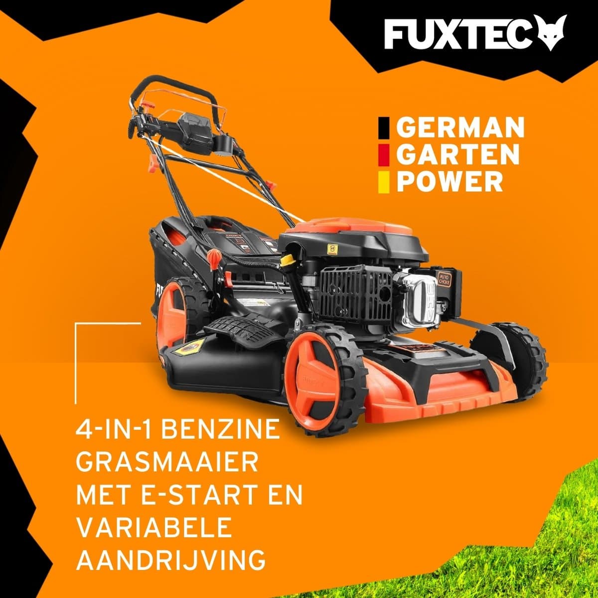 FUXTEC 4-in-1 Benzine Grasmaaier FX-RM5196eSPRO – Elektrische Start – 6 pk – 51 cm Maaibreedte – Flexibele Achterwielaandrijving – 4-Takt – Maaihoogte 25–75 mm – 60 L Grasopvangbak – Mulchfunctie — afbeelding 1