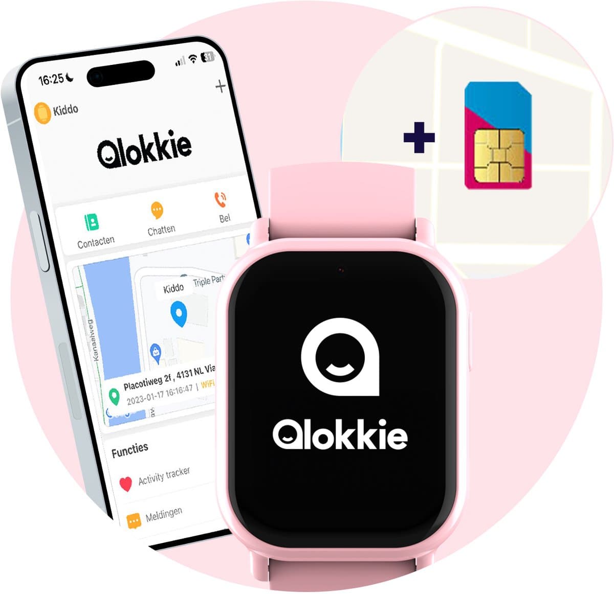Qlokkie Kiddo Mini - GPS horloge kind - Smartwatch kinderen - GPS tracker kind met nauwkeurige locatiebepaling - GPS horloge kind met simkaart - Stel veilige zones in - SOS functie - Roze — afbeelding 1