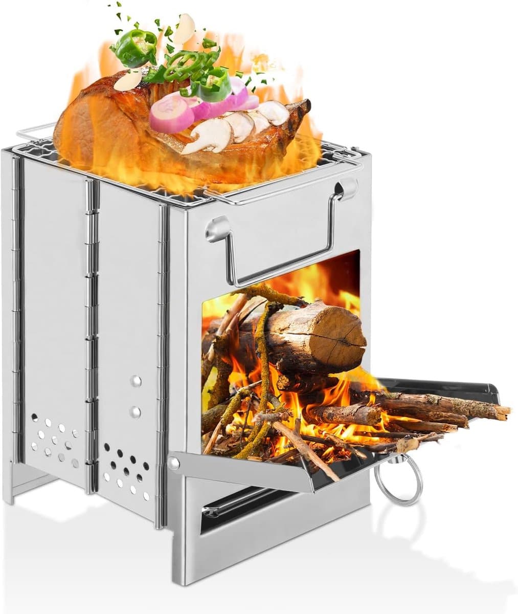 Campingkooktoestel & Mini Houtskoolbarbecue – Inklapbare RVS Houtkachel met Draagtas | Compact & Lichtgewicht voor Backpacking, Wandelen & Kamperen — afbeelding 1