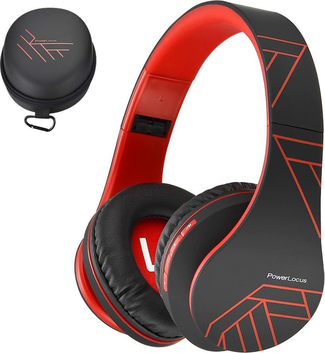 PowerLocus P2 - Draadloze Over-Ear Koptelefoon Inklapbaar - Bluetooth Hoofdtelefoon - Met microfoon – Headphone - Micro SD mode – Incl. Carry Case - Zwart/Rood — afbeelding 1