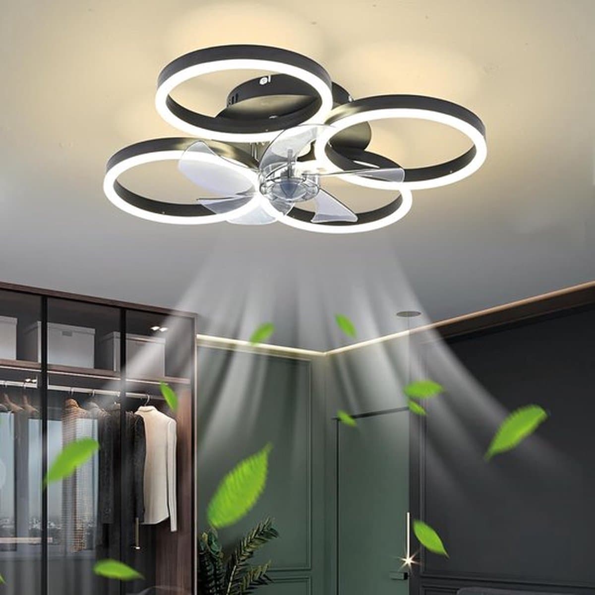 4 Ringen Ventilator - Zwart - 60 cm - Smart Lamp - Kroonluchter - Dimbaar Met Afstandsbediening - 64W — afbeelding 1