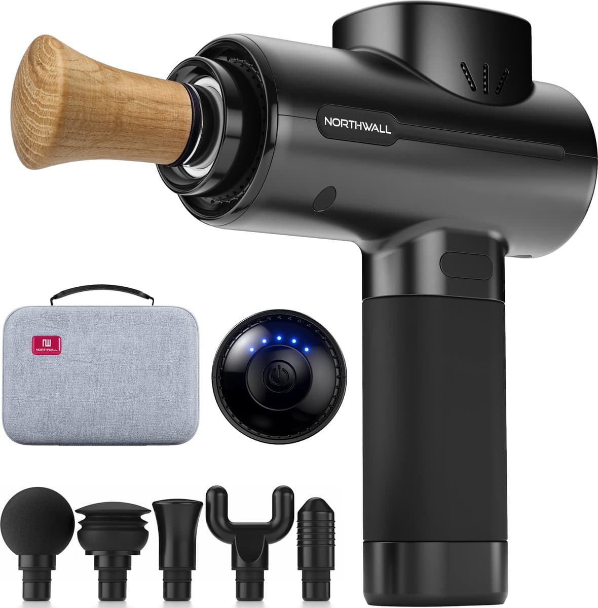 Northwall Massage Gun Professioneel PRO - Massage Pistool Inclusief Koffer en 6 Opzetstukken incl. Eikenhouten Massagekop - Krachtig en Draadloos Sport en Relax Massage Apparaat — afbeelding 1