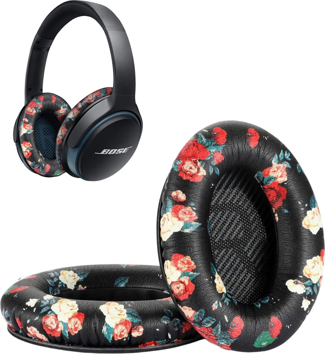 Set Oorkussens geschikt voor Bose QuietComfort 35 ii / 35 / 25 / 15 / 2 / Soundtrue - Soundlink Around-Ear AE2 / AE2W / AE2I - Oorkussens voor koptelefoon - Ear pads headphones zwart met bloemen — afbeelding 1