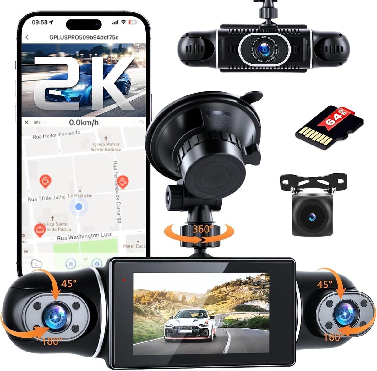Dashcam voor auto - Zwart - 3 inch IPS-scherm - 4 Camera's met 360° Panorama en Nachtzicht - Met GPS en Wifi — afbeelding 1