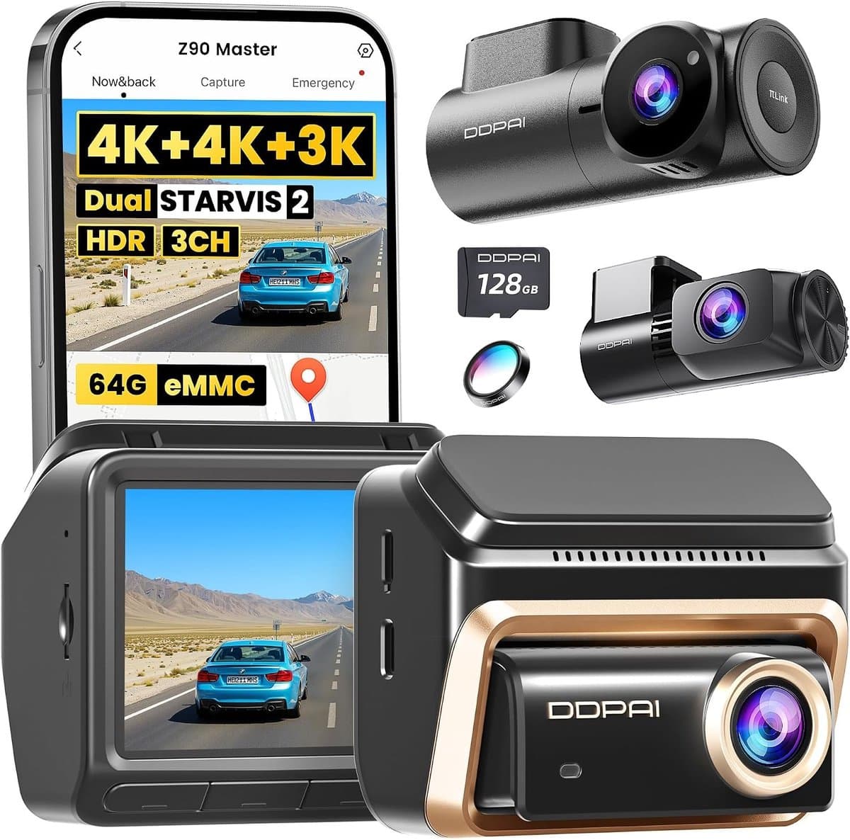 Dashcam voor auto - Zwart - Z90 Master met drie camera's - 4K + 4K + 3K Dual STARVIS 2 HDR - Voor volledige voertuigbewaking — afbeelding 1