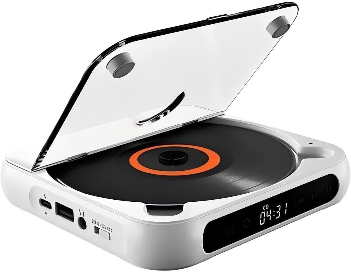 Draagbare cd-speler met Bluetooth –Draagbare Bluetooth-cd-speler met USB-C-snelladen – Ultradun en compact – Ondersteunt MP3/WMA-formaten – voor onderweg – thuis en op de camping - Wit — afbeelding 1