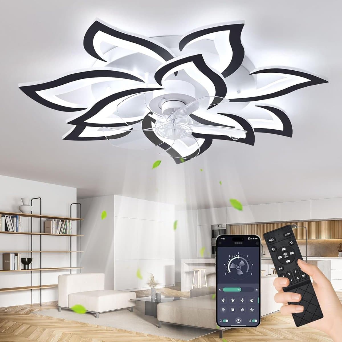 Plafondventilator met verlichting – Dimbare LED – Stil – 6 snelheden – Afstandsbediening – 58 cm zwart — afbeelding 1