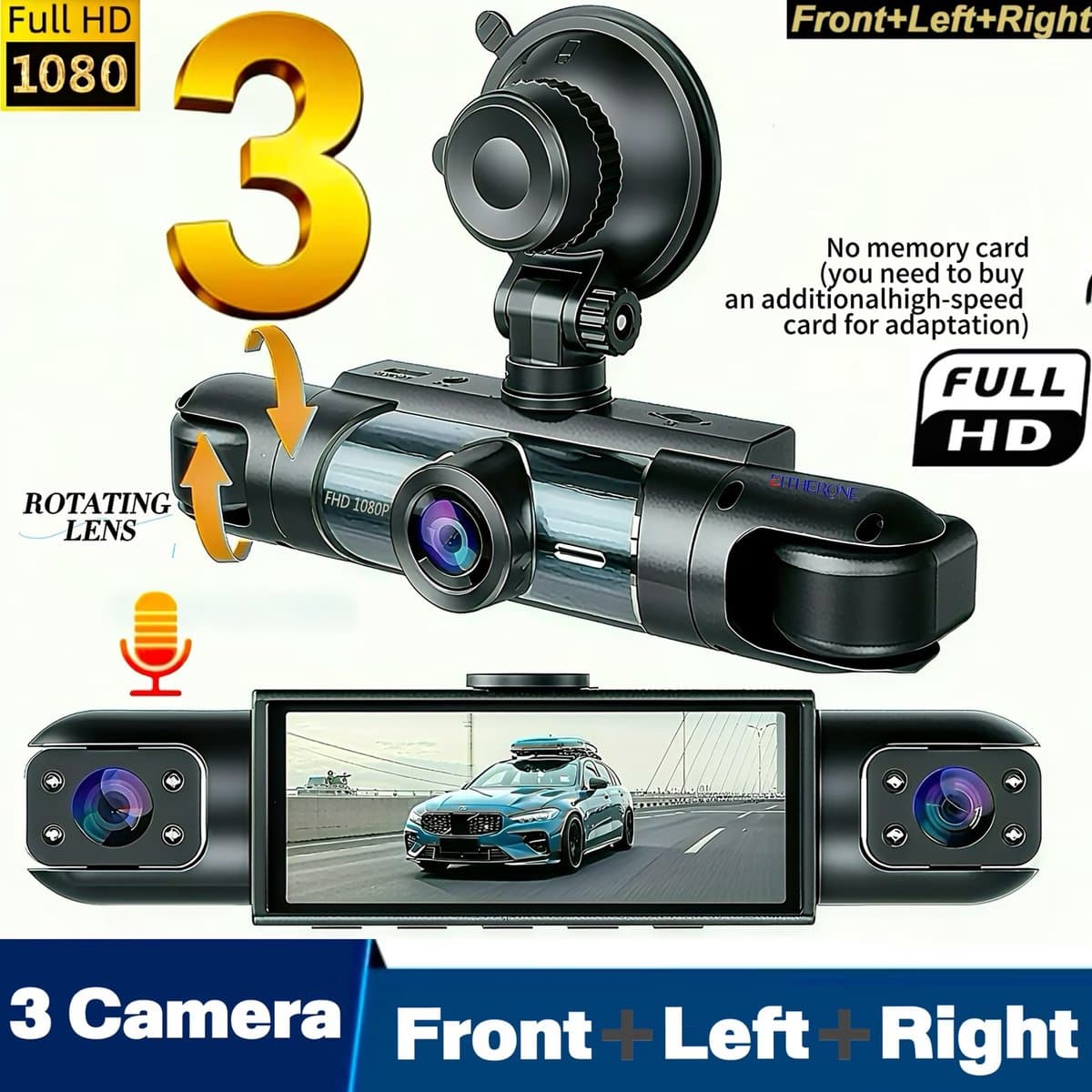 3-Camera Dashcam – 1080P Full HD Voorcamera & 720P Zijcamera's – 360° Opname met Nachtzicht en 3 Inch IPS-scherm — afbeelding 1