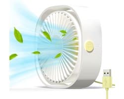 Mini USB-ventilator, draagbare ventilator, stille ventilator, bureauventilator met 3 instelbare snelheden, USB-voeding, voor thuis en op kantoor (wit)