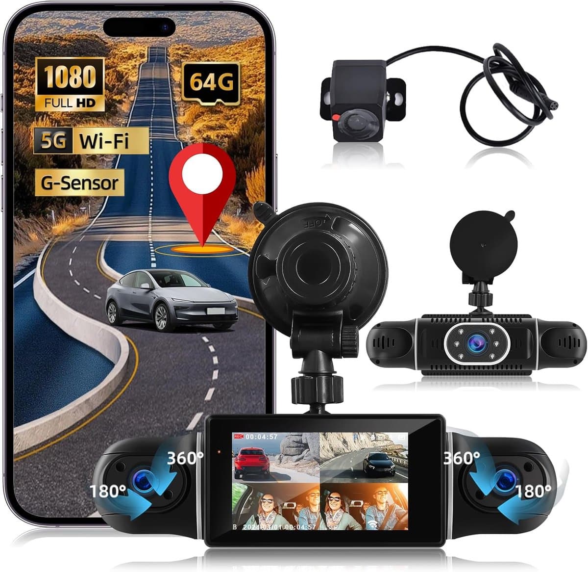 SnelShoppen - Dashcam 360 Graden - 4 Kanalen - 1080p + 720p - Wifi App Bediening - Nachtzicht - Loopopname - Parkeerbewaking - G-sensor - Auto Camera — afbeelding 1