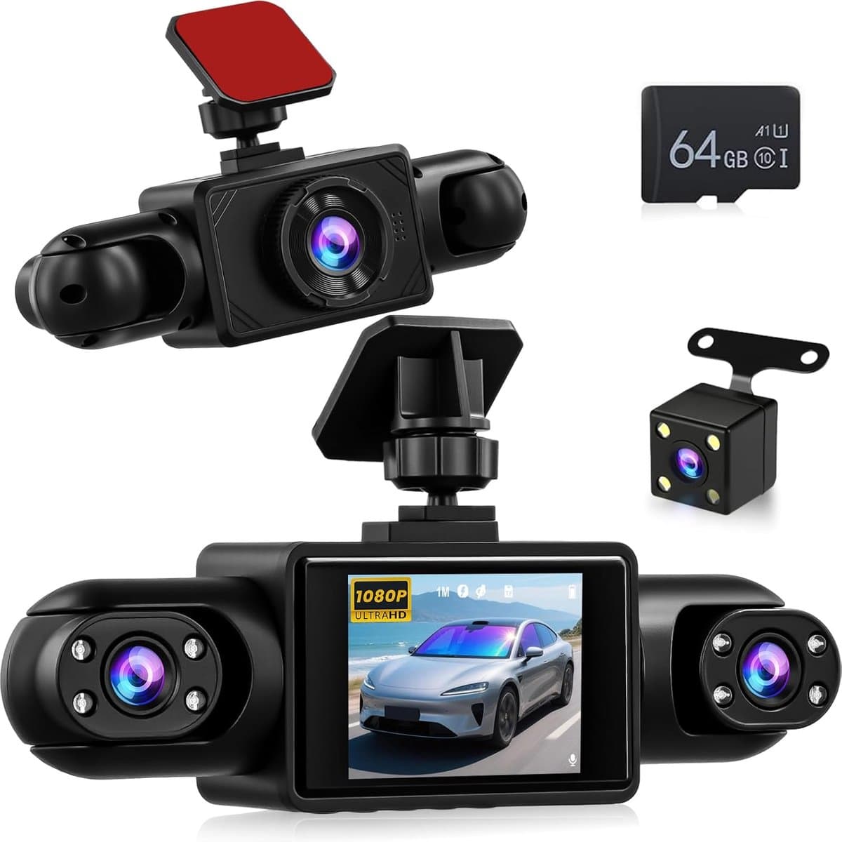 SnelShoppen - 4-kanaals Dashcam voor en Achter - 360 Graden Autocamera met 2 Inch Display, IR Nachtzicht, Loopopname, Bewegingsdetectie + 64 GB TF-kaa — afbeelding 1