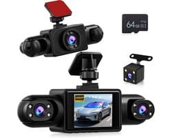 SnelShoppen - 4-kanaals Dashcam voor en Achter - 360 Graden Autocamera met 2 Inch Display, IR Nachtzicht, Loopopname, Bewegingsdetectie + 64 GB TF-kaa