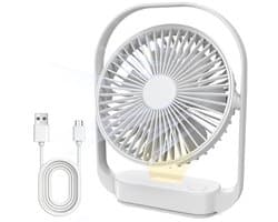 Draadloze bureauventilator van 4000 mAh, 4 ventilatorsnelheden, 2 nachtlichtstanden, oplaadbaar via USB-C, tot 20 uur batterijduur (wit).