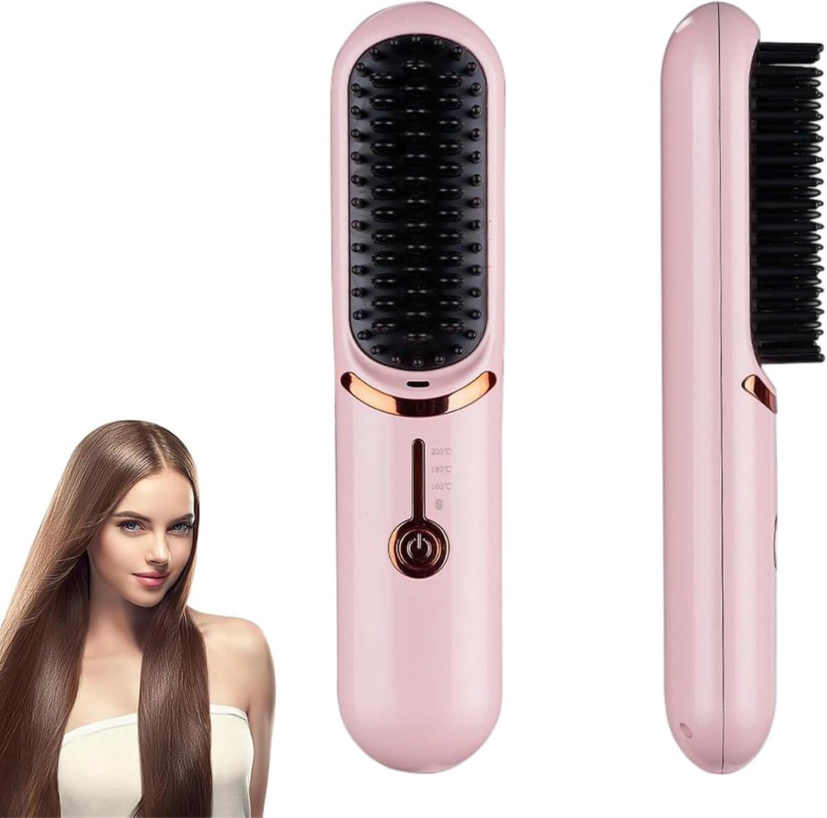 kam, draadloze stijlborstel, draagbaar en praktisch voor op reis, oplaadbaar via USB, 5400 mAh, negatieve ionen, verwarming, voor vrouwen en mannen (roze) — afbeelding 1