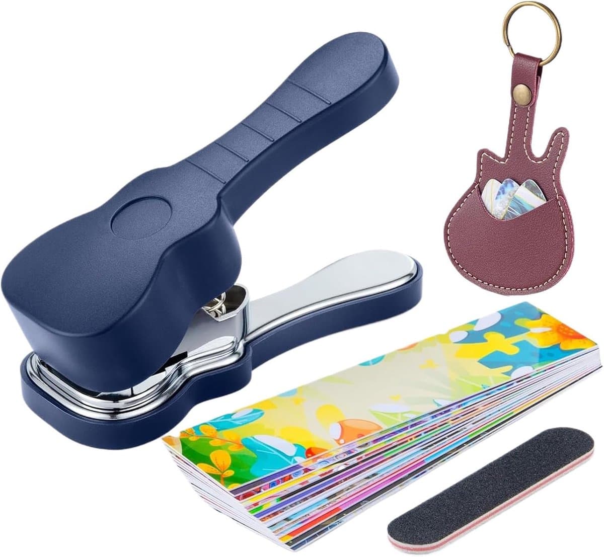 Gitaar Plectrum Pons Machine Complete Set - Gitaar plectrum maker - Handpons - Zelfgemaakte Plectrums met Vellen, Leren Opbergtasje en Schuurvijl - Donkerblauw — afbeelding 1