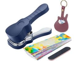 Gitaar Plectrum Pons Machine Complete Set - Gitaar plectrum maker - Handpons - Zelfgemaakte Plectrums met Vellen, Leren Opbergtasje en Schuurvijl - Donkerblauw