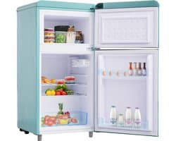 Retro koelkast - Dubbeldeurs koelkast - Koel-vriescombinatie - Vrijstaand - 72L - 39dB - LED licht - Keuken - 91 cm - Koelen - Cyaan