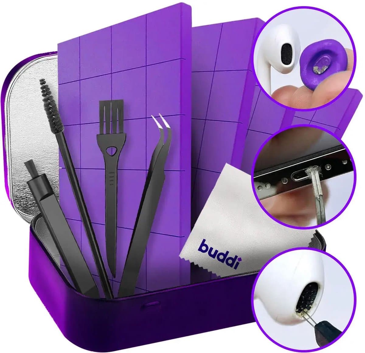 Buddi Fresh | Professionele Schoonmaakset voor telefoon, Tablet en Airpods | Geschikt voor oplaadpoort, AirPods en telefoon schoonmaken | Reinigingsgum | Inclusief handige borstels — afbeelding 1