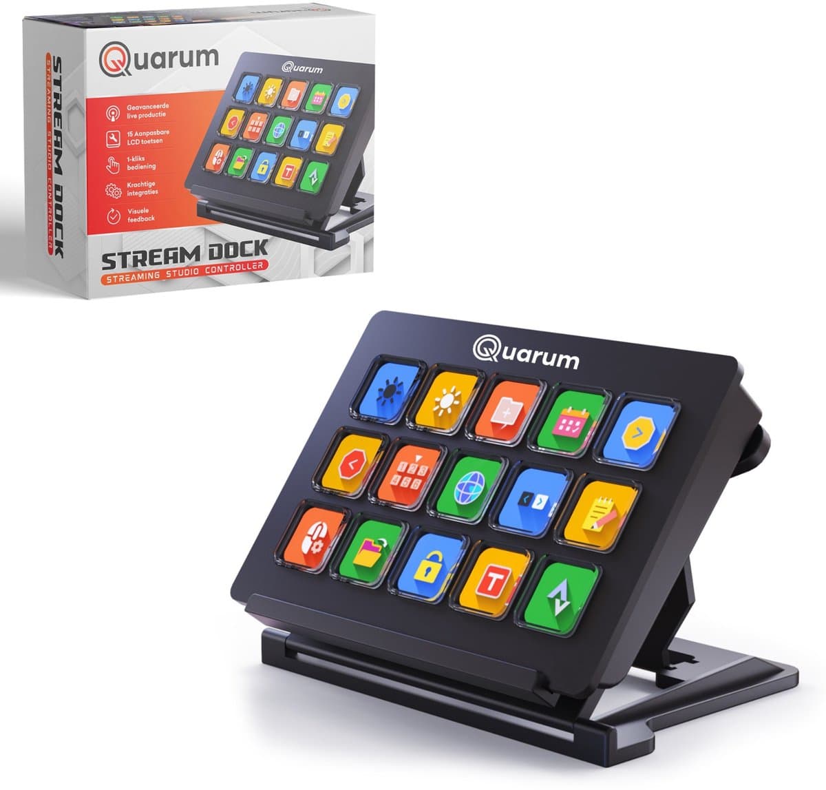 Quarum Streaming Deck – Macro Keyboard met 15 Programmeerbare LCD Toetsen – Voor Streaming, Gaming, OBS, Twitch, Werk & Productiviteit – RGB – USB-C – Windows & Mac — afbeelding 1