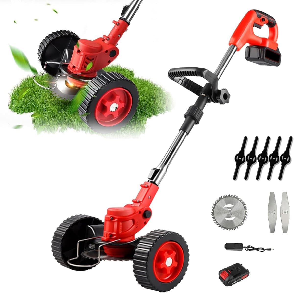 Grastrimmer accu grastrimmer elektrische grasmaaier inklapbaar met wielen 21 V accu grasmaaier met verstelbare telescoopstang geschikt voor snel maaien gazon boerderij — afbeelding 1