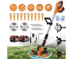 21V elektrische grasmaaier - Hoek-/lengteverstelbaar - Veiligheidsvergrendeling - Wordt geleverd met 3 messen, kantensnijder, bosmaaier - Wordt geleverd met installatiegereedschap en handschoenen