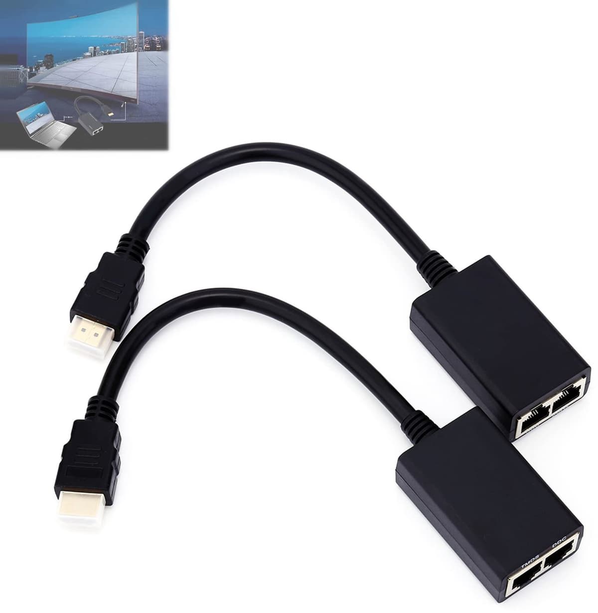 HDMI-extenderset met zender en ontvanger, 1080p Full HD, 30 m overdracht via Cat5e/Cat6-kabel, LAN-ethernet-Balun-repeater voor HDMI-signalen, compatibel met tv, beamer en gam — afbeelding 1