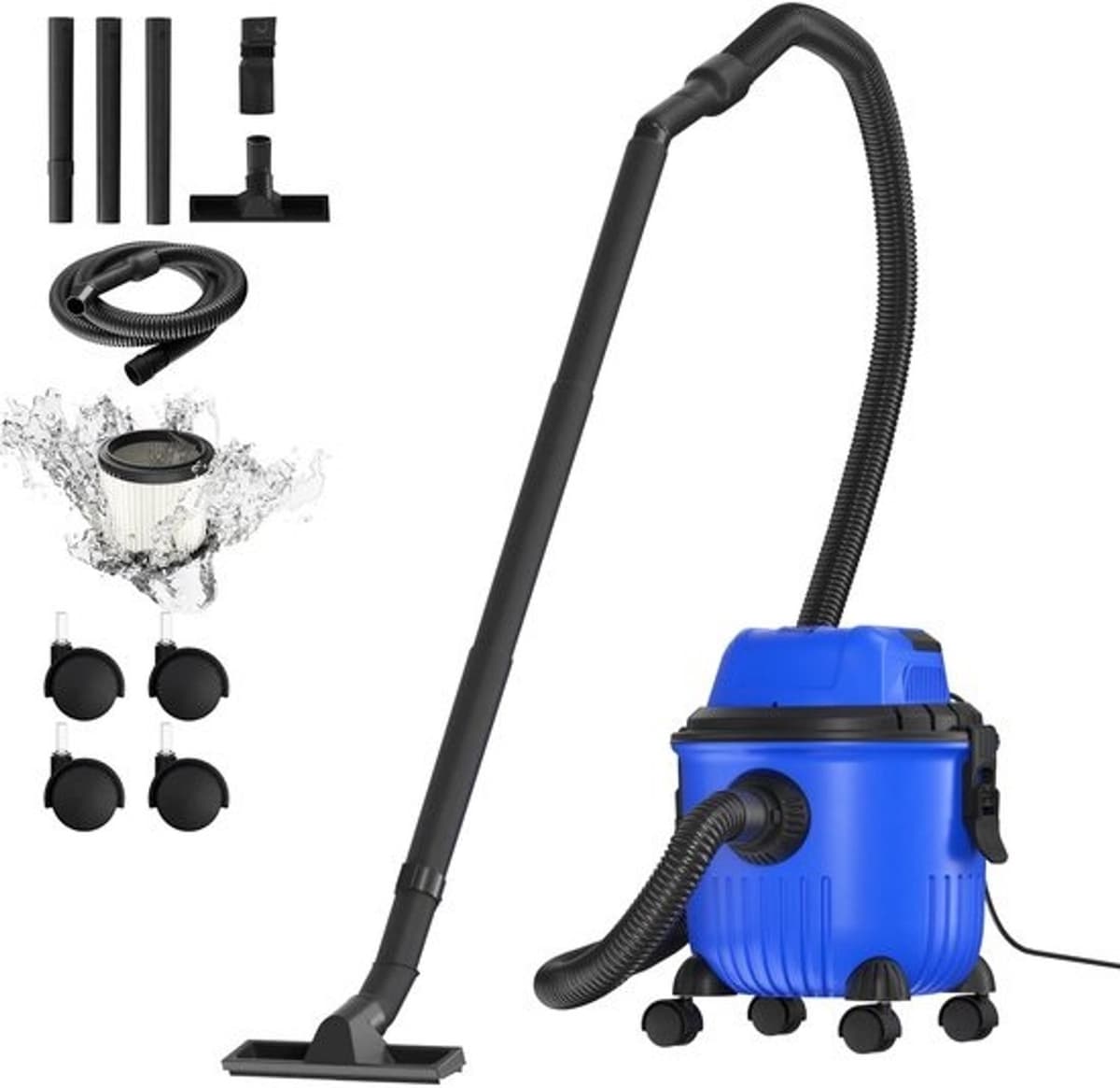 Stofzuiger voor nat en droog gebruik - Waterstofzuiger - Zuiger voor water - Stofzuiger voor water - 30 KPa - 1800 Watt - Waterreservoir met een inhoud van 15 liter - Blauw - 4 draaiwielen — afbeelding 1