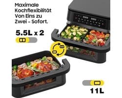 Airfryer – Heteluchtfriteuse – Digitale Friteuse – Gezond Koken – XXL 11L – 2950W Vermogen – Dual-Zone Met Verwijderbare Divider