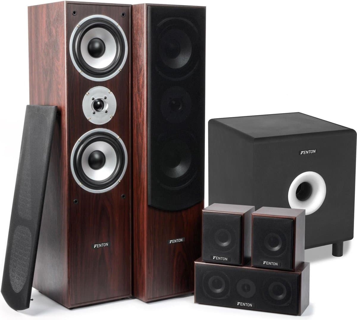 Fenton 5.1 home cinema surround walnoot speakerset 1300W met 8 subwoofer — afbeelding 1