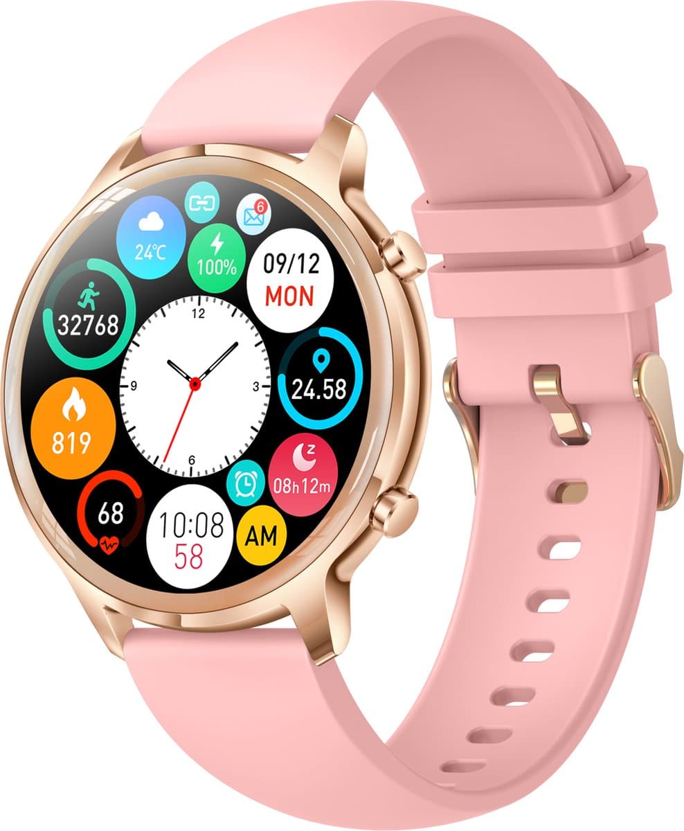 Belesy® TIRANA – Smartwatch Dames – Smartwatch Heren – Horloge – 1.32 inch Touchscreen Kleurenscherm – Stappenteller – Calorieteller – Hartslagmeter – Bloeddrukmeter – Zuurstofgehalte – Multisport – Slaap Monitor – Roze - Moederdag — afbeelding 1