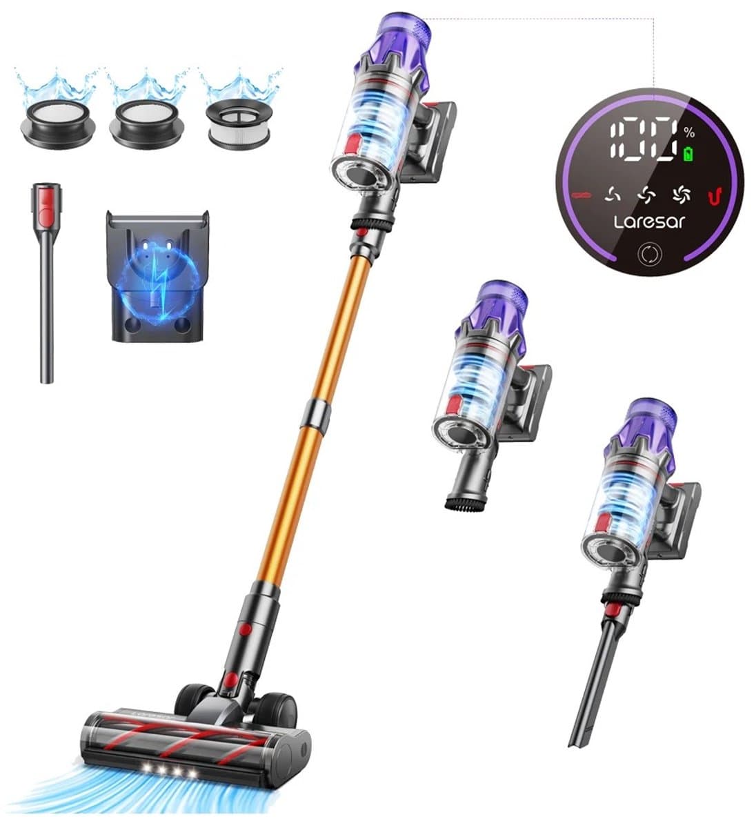 Milova Steelstofzuiger - Draadloos - Steelstofzuigers - Stofzuiger - Zonder zak op accu - Geel en blauw - 500W - LED display — afbeelding 1