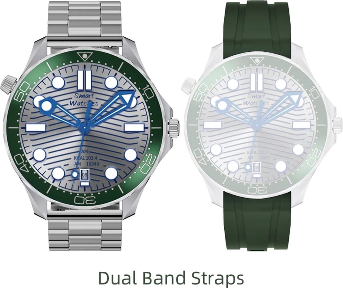 Pro Care Excellent Quality® Smartwatch 1.52 inch Dames Heren - Smartwatches - Bellen - AI Talk - O2 - Bloeddrukmeter - Hartslag - Wireless Laden - Message - Multisport - Slaapmeter - Alu Zilveren Case - RVS Zilveren Band - Gratis TPU Band Groen — afbeelding 1