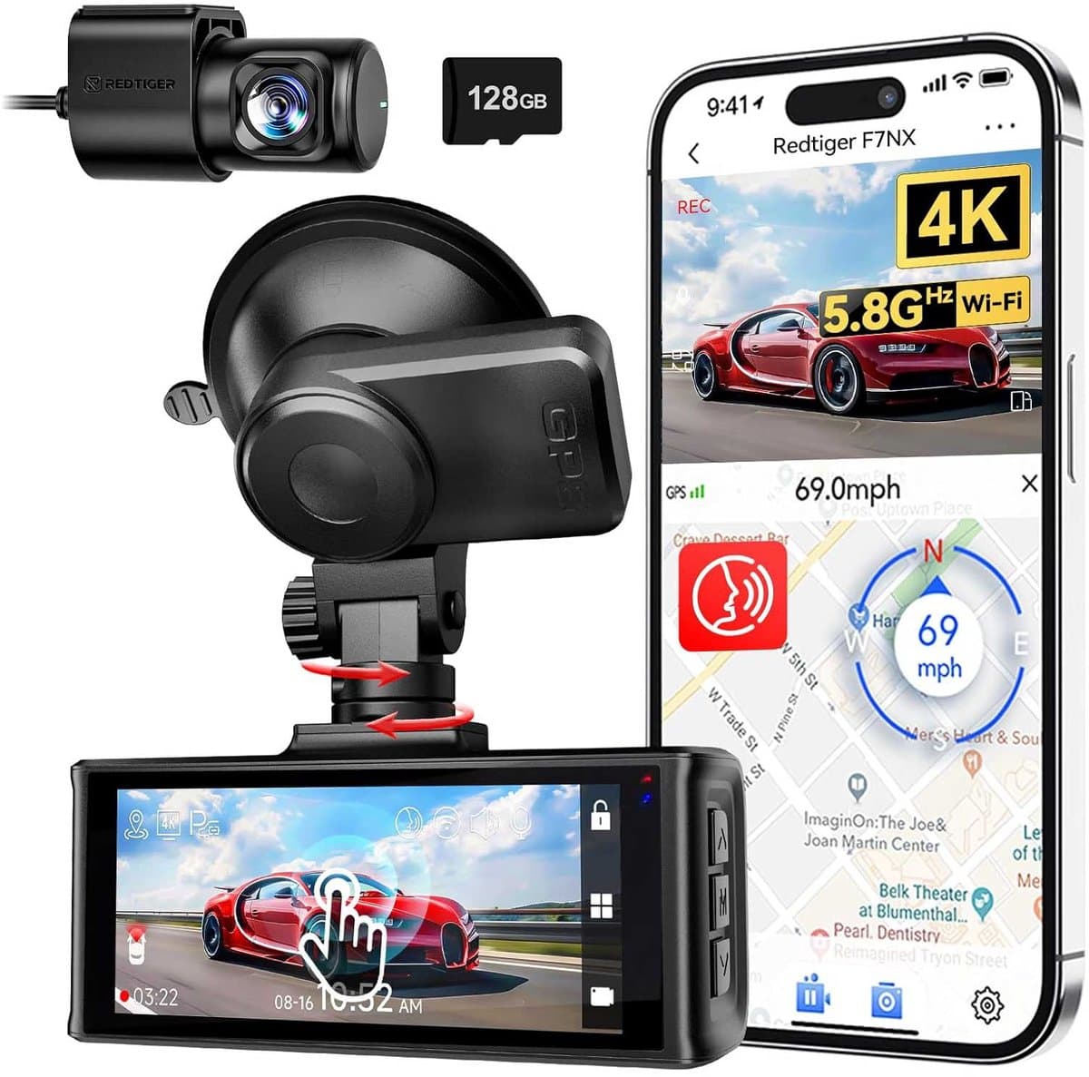 Redtiger F7NX 4K Touch Wifi Gps 2CH 128gb dashcam - Camera voor + achter - Wifi en Gps - Parkeermodus - 3,18 inch touch screen LCD - 4K resolutie - 128gb Micro SD kaart - dashcam voor auto — afbeelding 1