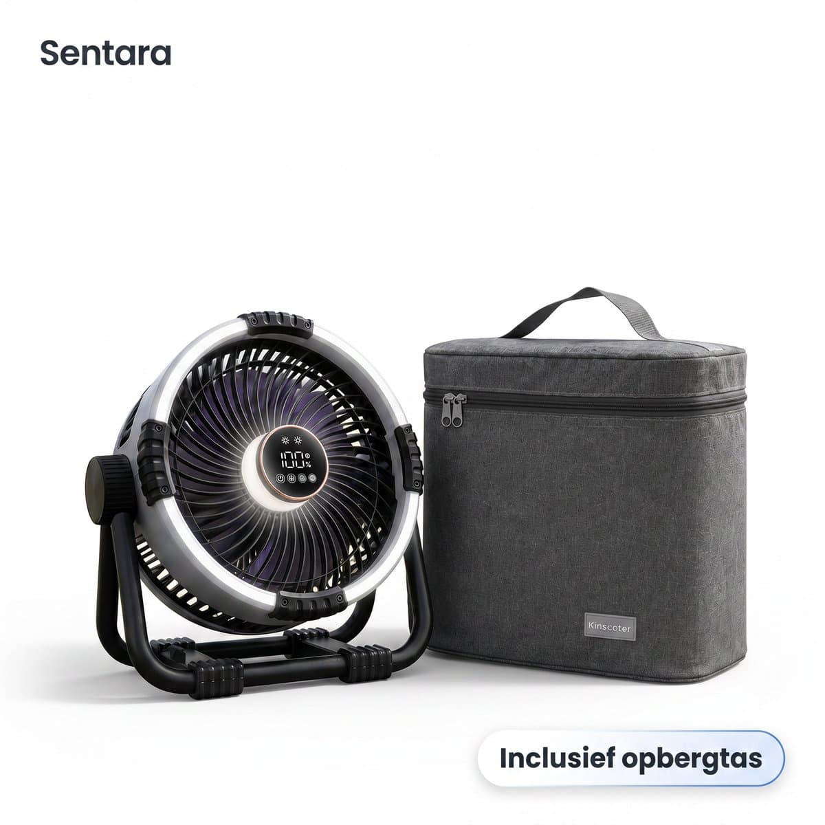 Sentara Campingventilator Oplaadbaar 20000mAh – Krachtige Draagbare Buitenventilator 10 m/s met LED-nachtlamp, Powerbank-functie, Timer & Opbergtas – Ophangbaar of Staand – 25 cm – Grijs — afbeelding 1