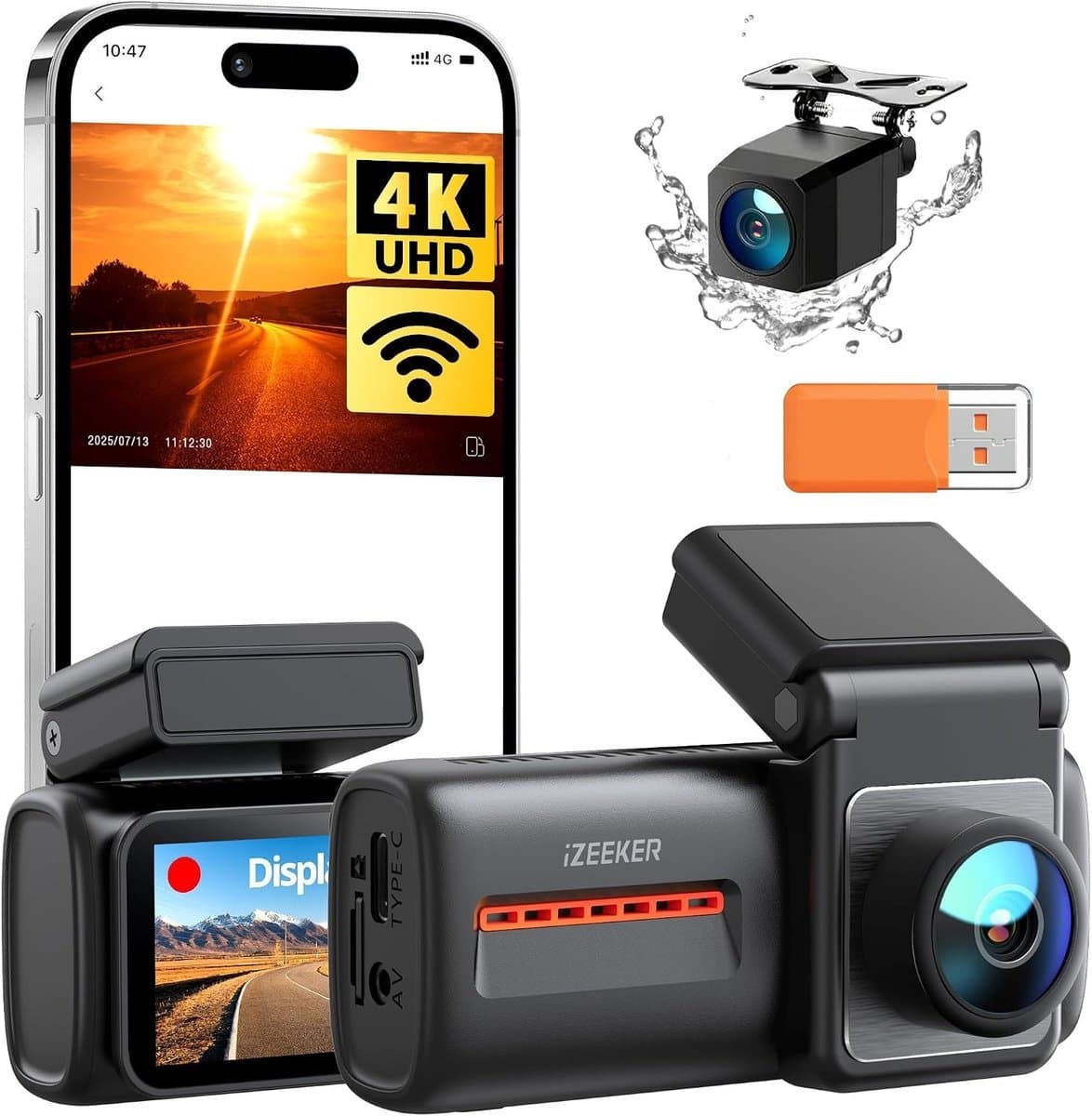 Dashcam voor auto - Zwart - 8,5 x 5,1 x 4,5 cm - 4K+1080P Dual Camera met WiFi 6 en Nachtzicht - Met 3 inch IPS Display — afbeelding 1