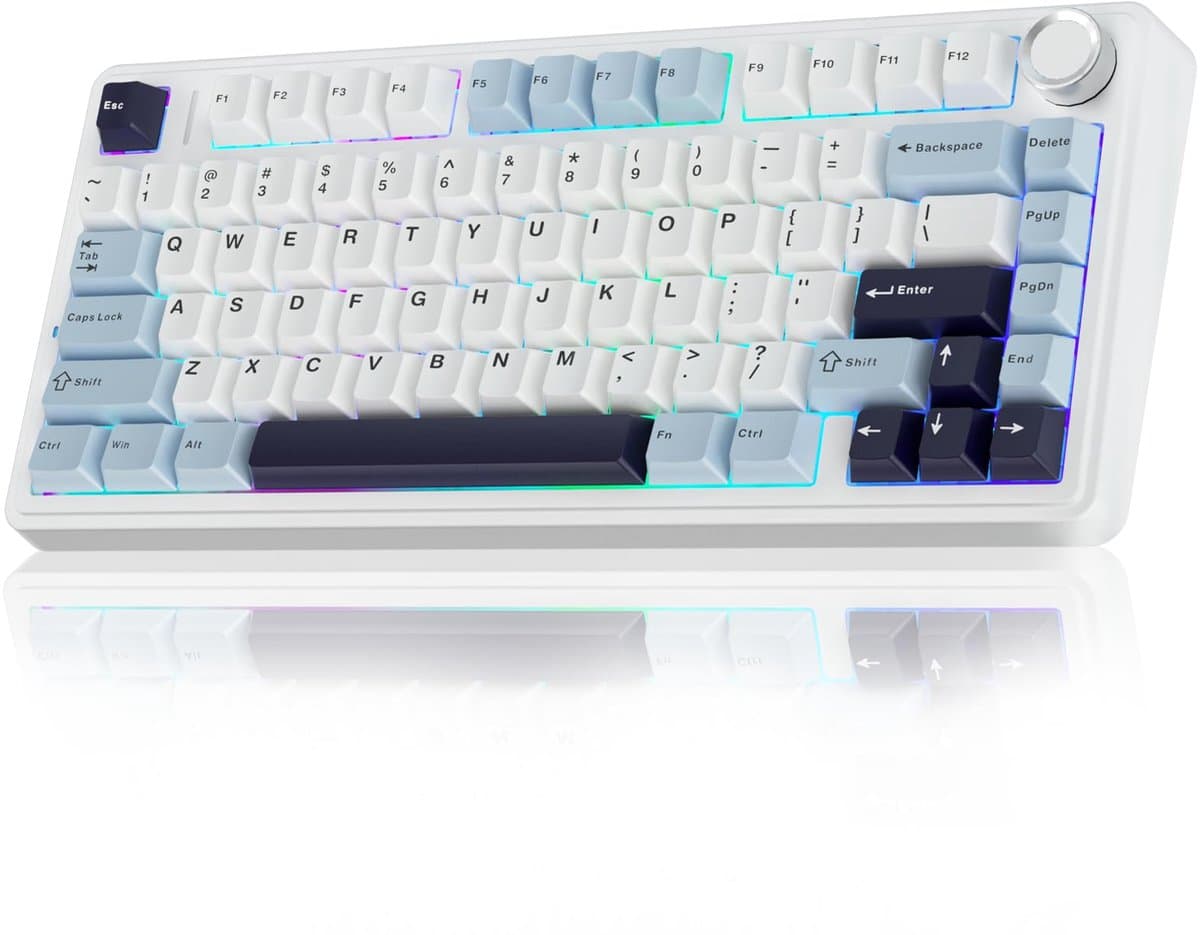 AULA F75 75% Draadloos Mechanisch Gaming Toetsenbord - Hot-swapbaar met Boterzacht Gevoel - Vooraf Gesmeerde Reaper Switches - 2.4GHz/Type-C/BT5.0 - RGB Achterverlichting - Wit & Blauw — afbeelding 1