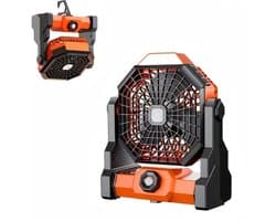 Draagbare campingventilator met instelbare LED-lichtstrip, ophanghaak, USB-oplaadbaar, ingebouwde 7800mAh-batterij.