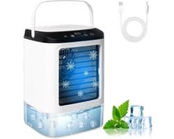 4 in 1 Mini Aircooler met Water - Mobiele Airco Zonder Afvoerslang – Tafelventilator - Mini Airco - Draagbare Airco - Mobiele Airco - 3 Snelheden en 2 Koelniveaus - 900 ml en 90 Graden Oscillatie - Stille Mobiele Airconditioner Voor Camping, Kantoor