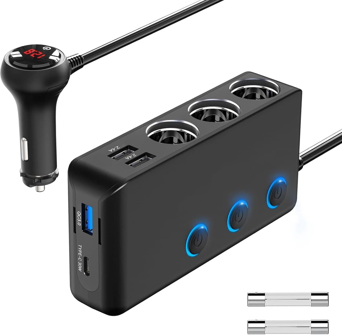 SnelShoppen - PD 30W Sigarettenaansteker Splitter Auto 200W met 3 Stopcontacten, 4 USB Oplaadpoorten, LED Voltmeter voor Mobiele Telefoon, GPS, DashCa — afbeelding 1