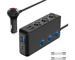 SnelShoppen - PD 30W Sigarettenaansteker Splitter Auto 200W met 3 Stopcontacten, 4 USB Oplaadpoorten, LED Voltmeter voor Mobiele Telefoon, GPS, DashCa