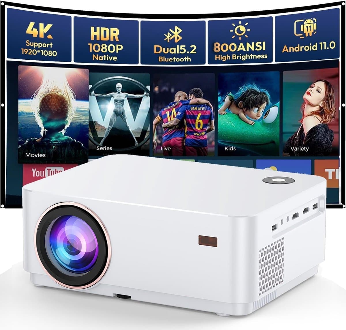 SnelShoppen - WiFi Bluetooth Beamer 4K Android OS Projector Native 1080P Autofocus 800 ANSI Lumen Mini Projector voor Thuisbioscoop, Outdoor, Tuin, Wo — afbeelding 1