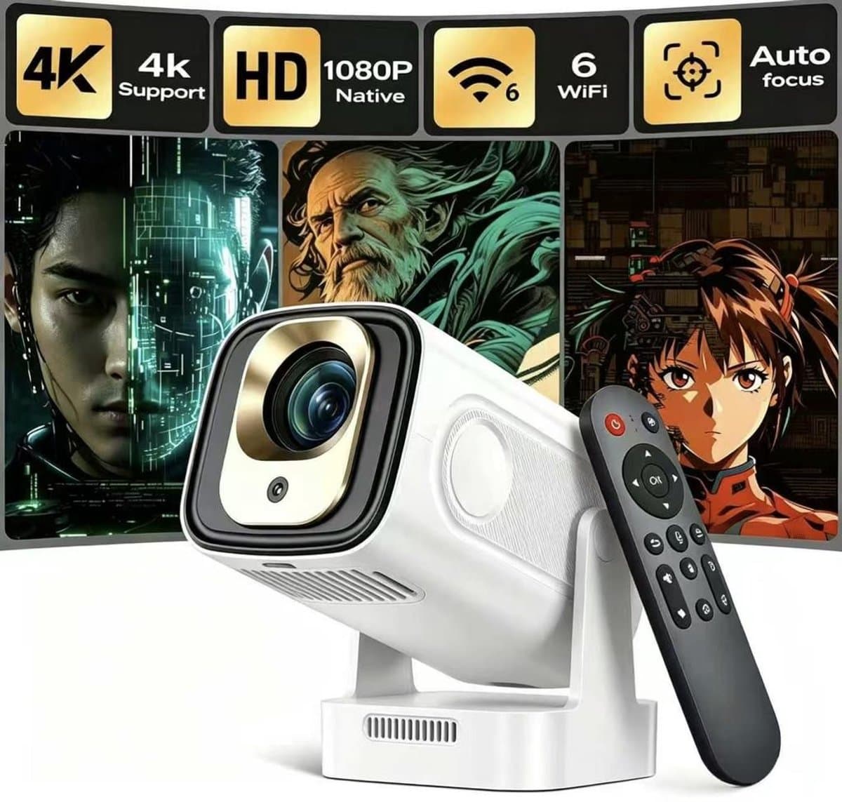 KZQ Projector - Draagbare projector - Slaapkamerprojector - 4K - Native 1080p - Autofocus & keystone-correctie - WiFi 6 & Bluetooth 5.4 - 200ANSI - 180°-rotatie - Geschikt voor thuisbioscoop en gebruik buitenshuis - Wit — afbeelding 1