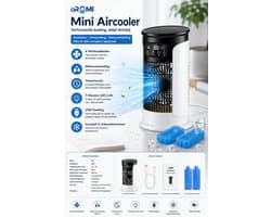 oROMI Aircooler met Waterverneveling – 6 Snelheden – 300 ml Watertank – 7 Kleuren LED – Timer – USB Tafelventilator met 2 Koelelementen